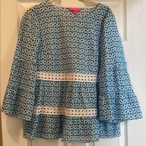 Lilly Pulitzer Zazie Embroidered Blue and White Patterned Bell Sleeve Top